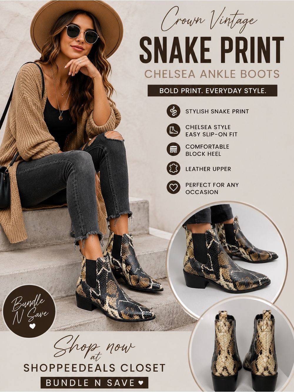 Crown Vintage Snake Print Chelsea Ankle Boots – Women’s 9 1/2M